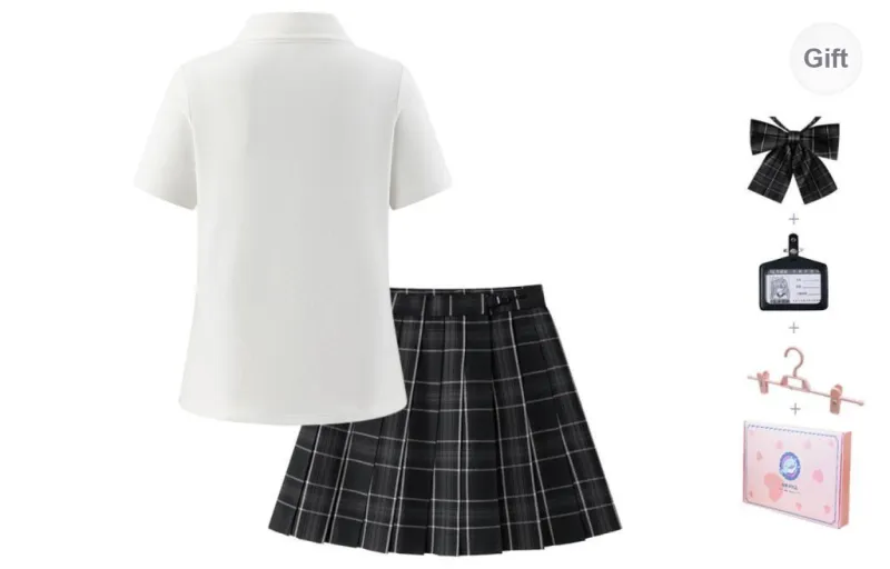 Tokyo Season Uniforms Women's Gift Box Set, White+Plaid Skirt Adjustable Waist Comes With Small Accessories+Hanging Tag-1