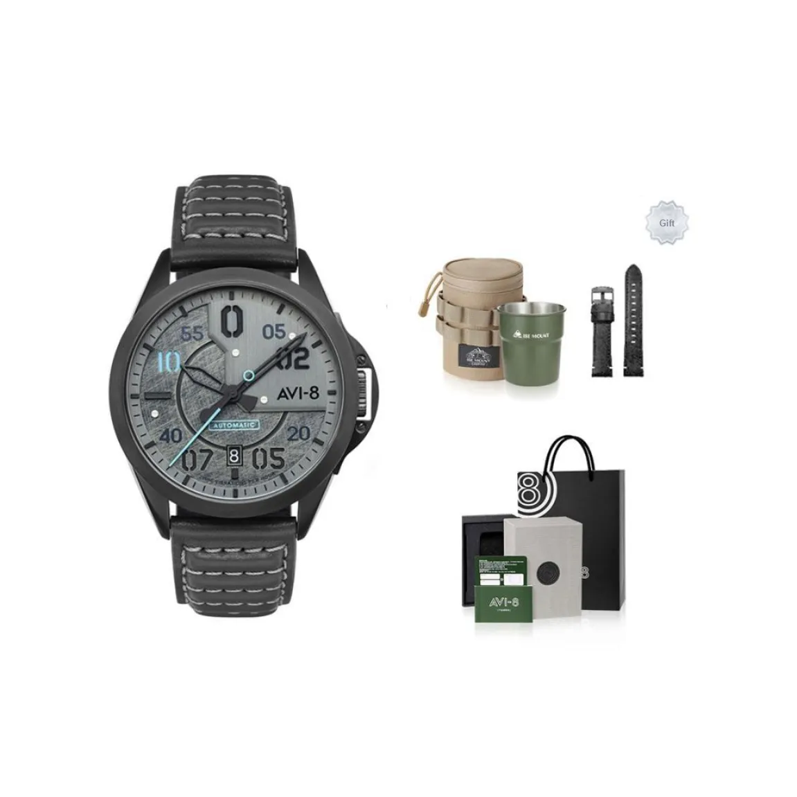 AVI-8 P-51 Mustang Collection Wrist Watch Automatic Mechanical Movement Leather Watch Bands Gray Dial Men's Watches Box