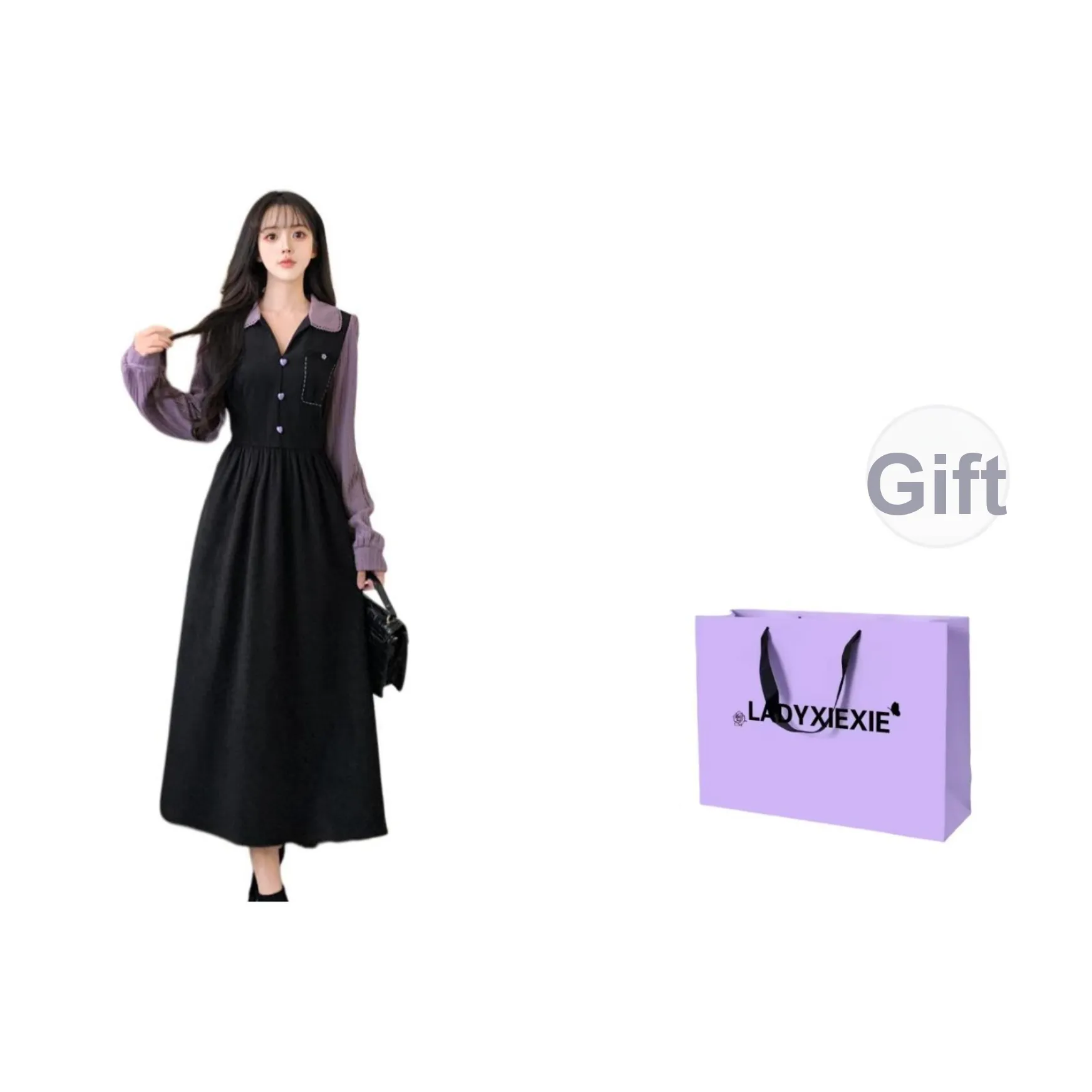 LADYXIEXIE Черное и фиолетовое женское платье с длинными рукавами