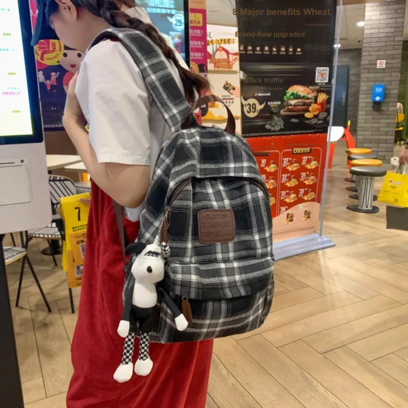 Yalu Woolen Backpack Unisex Black White Plaid/Brown Gray Plaid/Red Plaid/Brown Blue Plaid-6