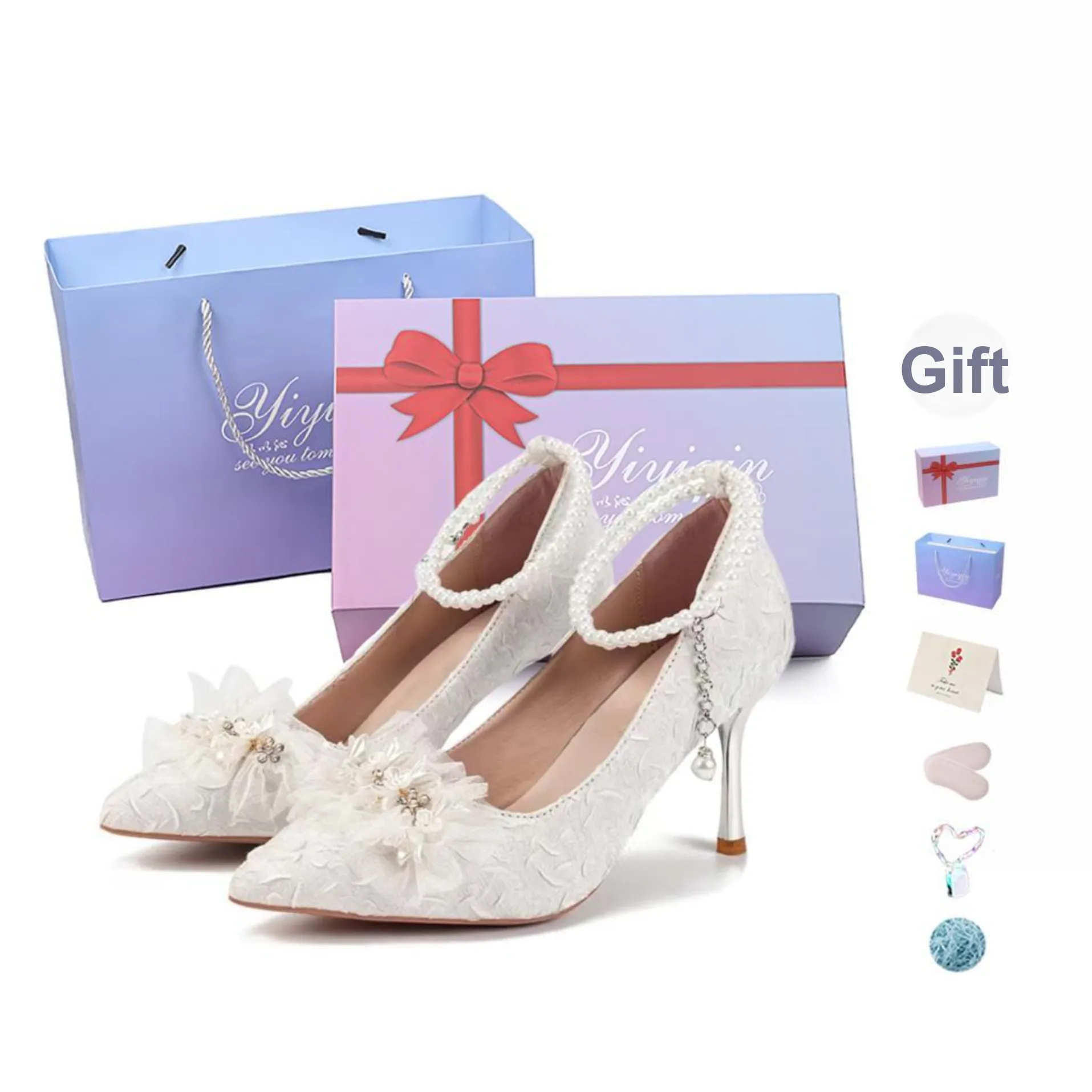 Take The Qin Slim Heel High Heels 8cm Women's Pearl White Gift Box Set