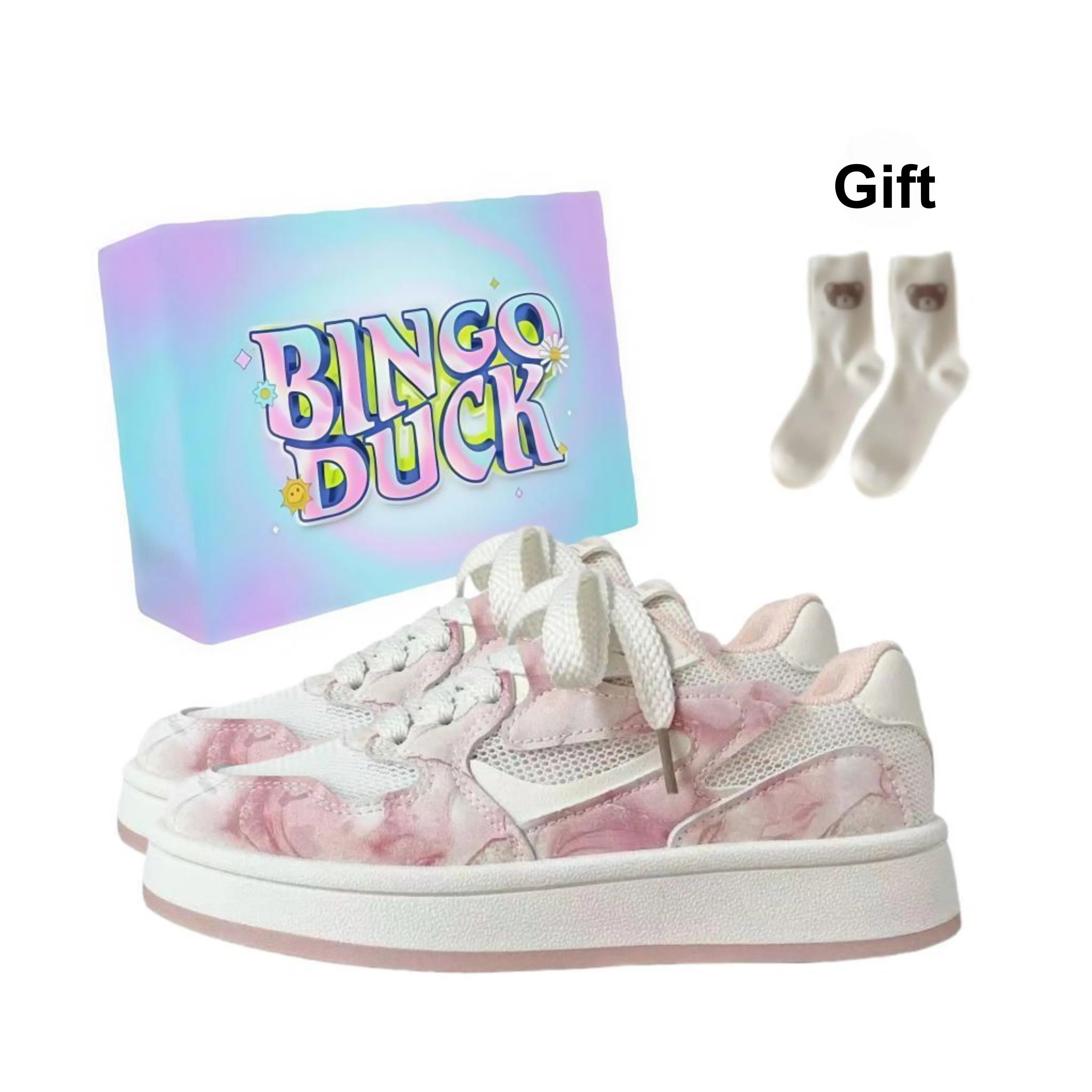 BINGO DUCK Slip Resistant And Breathable Low top Skateboard Shoes Women's White Pink