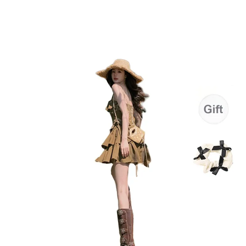 TORIGHT Sleeveless Dress Women's Coffee+Bowknot Hair Tie Comes With-1