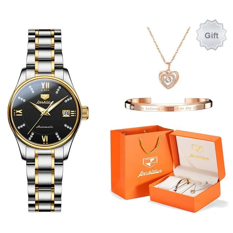 Jin Shi Dun Diamond Inlay Box Mechanical Movement Stainless Steel Watchband Watch Women's Watch White Dial-5