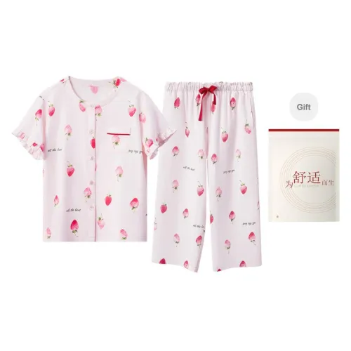 Red Beans At Home Pajama Set Women's Shopping Bag Strawberry Pink