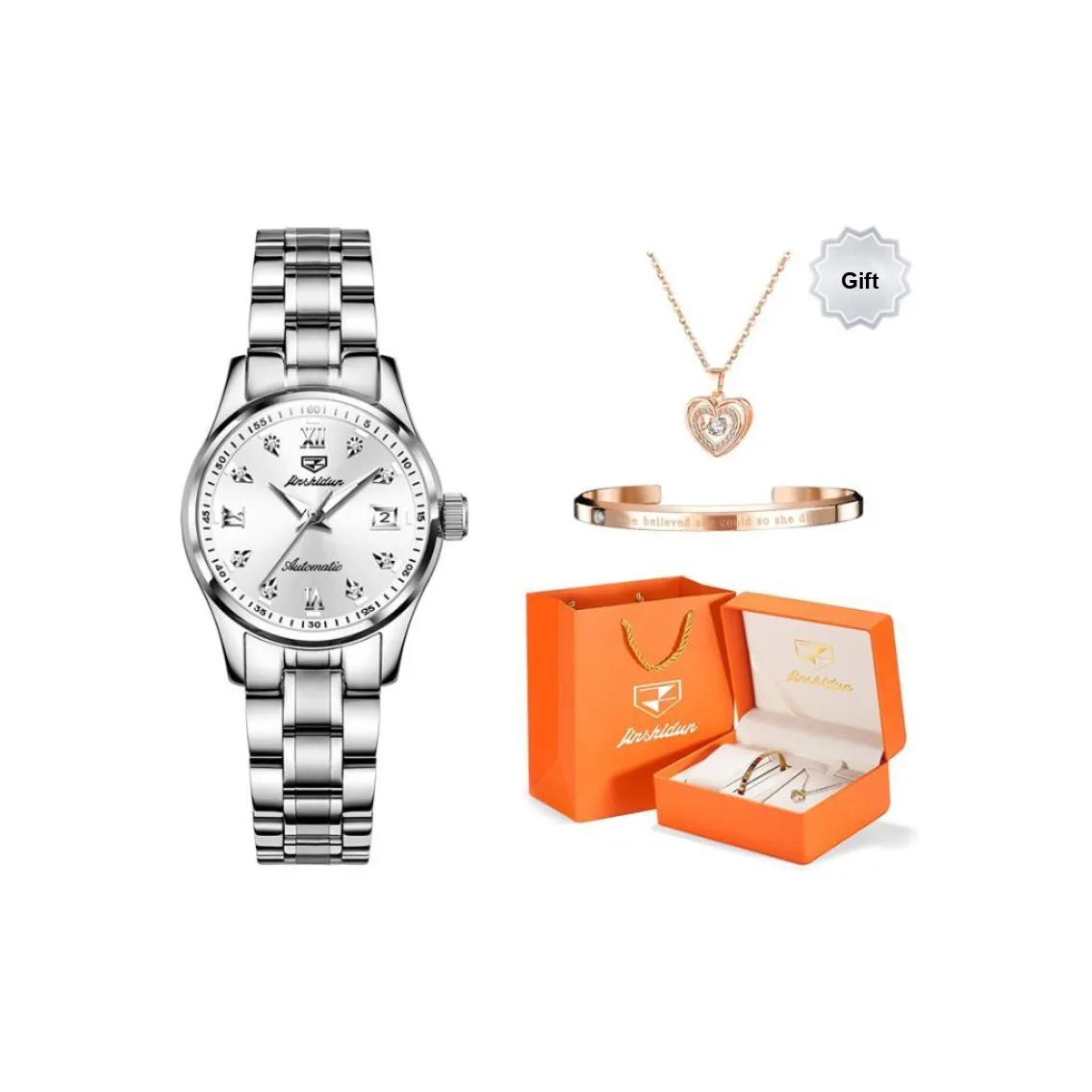 Jin Shi Dun Smart Series Mechanical Movement Stainless Steel Watchband Watch Women's Watch White Dial