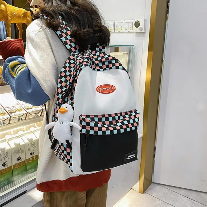DALO Nylon Backpack Shoulder Bag Unisex Black White Plaid/Colorful Plaid-6