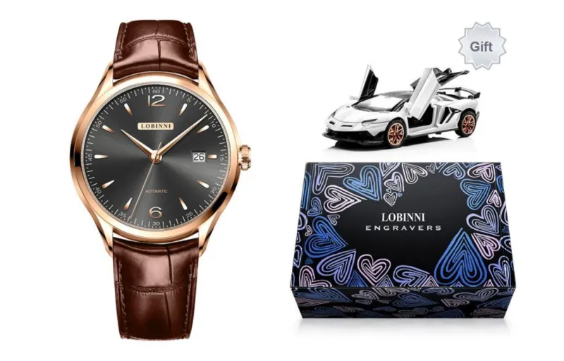LOBINNI L High-End Taste Men's Wrist Watch Automatic Mechanical Movement Cowhide Strap Watch Men Silver Dial-12