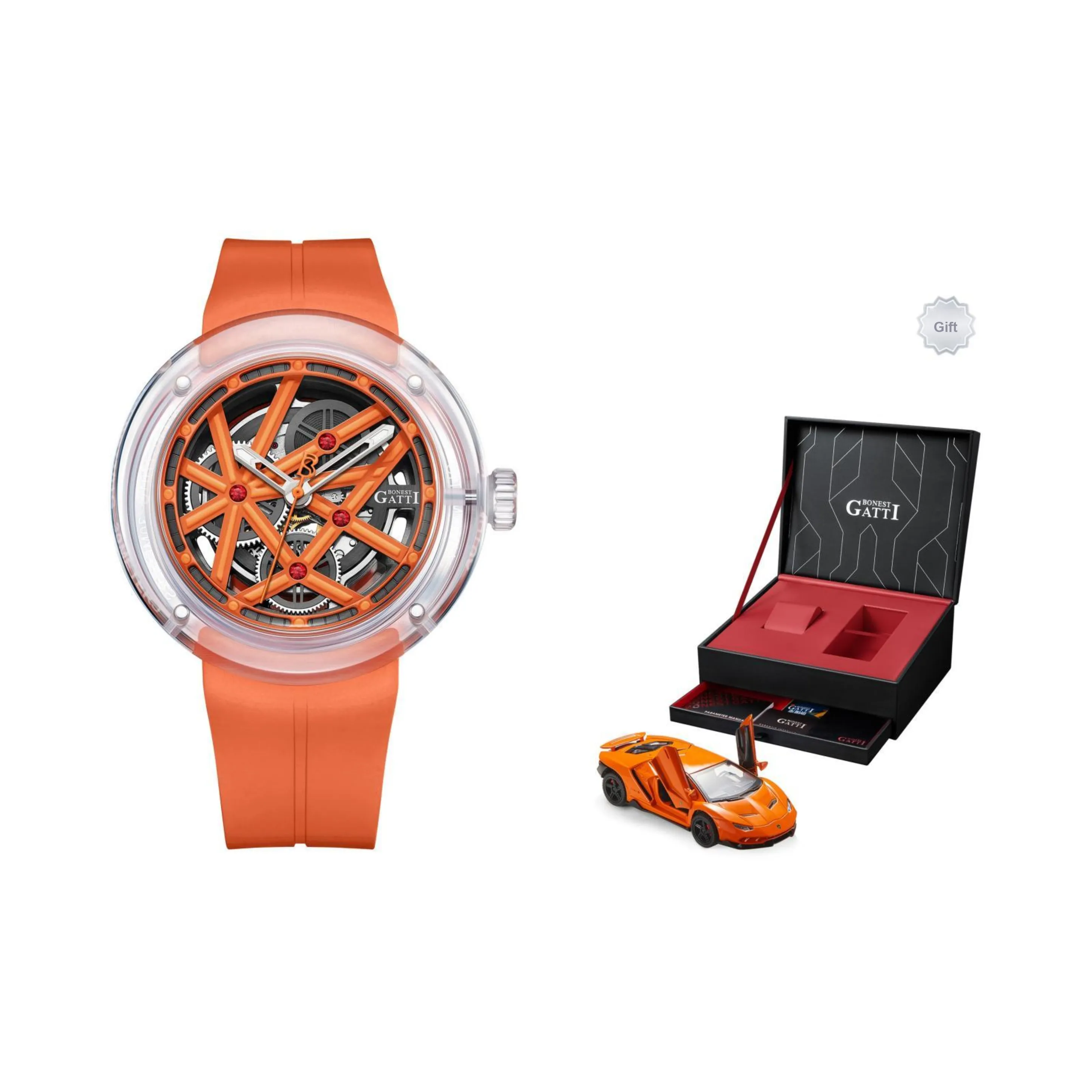 BONEST GATTI Offshore Speed Автоматический Механический Механизм Резиновый Ремешок Часы Мужские Апельсиновый Циферблат Часов