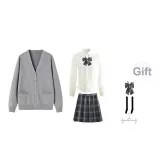 Gray Cardigan+V-Neck Length Sleeve+Dark Night Killer Short Skirt, Includes Bow Ties+Calf Socks+Hanger