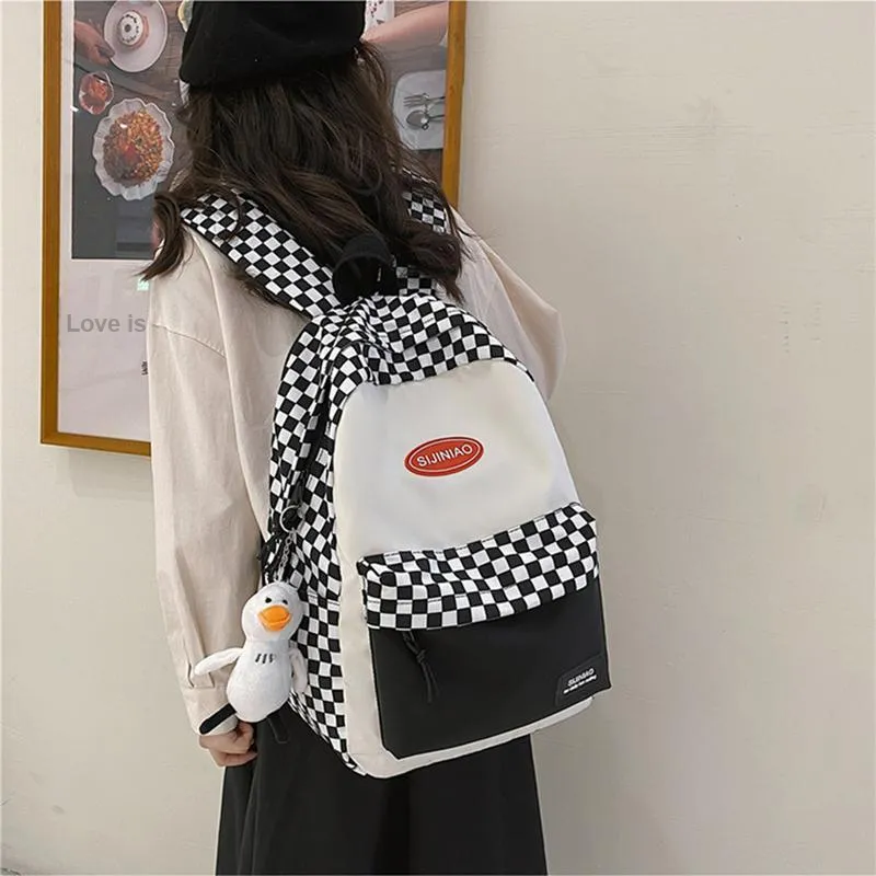 DALO Nylon Backpack Shoulder Bag Unisex Black White Plaid/Colorful Plaid-1