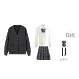 Dark Gray Cardigan+V-Neck Length Sleeve+Dark Night Killer Short Skirt, Includes Bow Ties+Calf Socks+Hanger