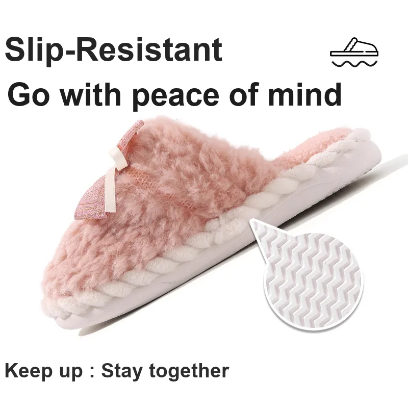 Yalu Home Bowknot Fuzzy Slippers Thickened Plush Slip Resistant Cotton Slipper For Indoor Bedroom Winter Warmth Women's-3