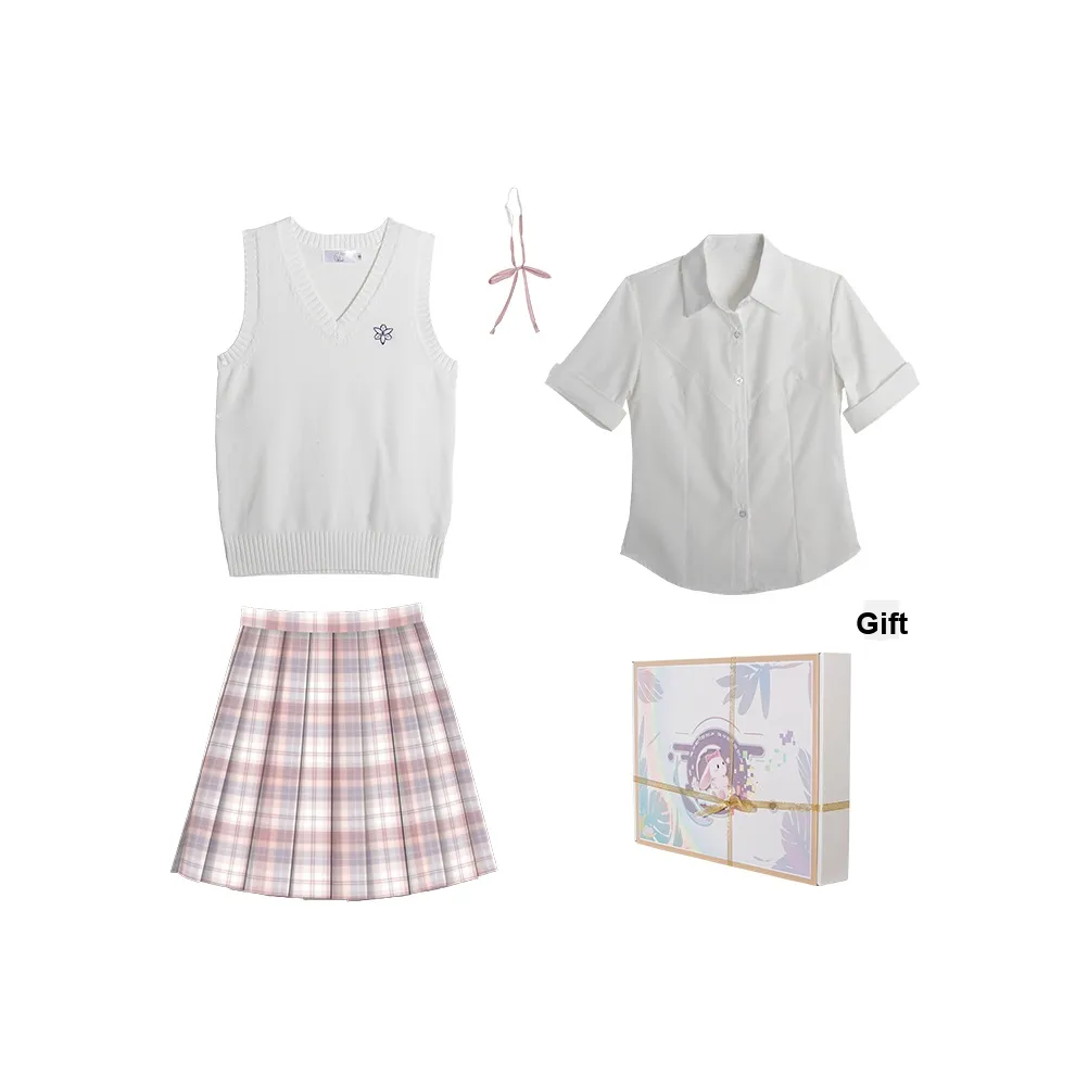 Одежда Набор Белый Жилет + Короткая Рубашка с Рукавами + Розовый Ожерелье-чокер + Ремень + Юбка Amour Женская Униформа