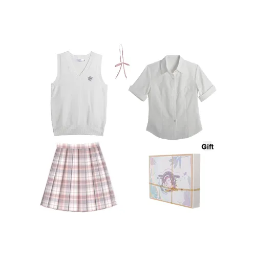 Одежда Набор Белый Жилет + Короткая Рубашка с Рукавами + Розовый Ожерелье-чокер + Ремень + Юбка Amour Женская Униформа
