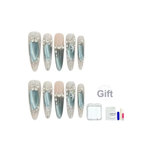 JINGCHANXUE Саймру Озеро Кристальный Жемчужный False Nail Длинный Ледяной Прозрачный Синий Градиентный Кошачий глаз
