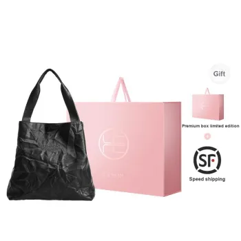 HE BAO BAO Individual Wrinkled Cow Leather Fashion Commute Shoulder Bag Unisex Black/Milk Tea Brown