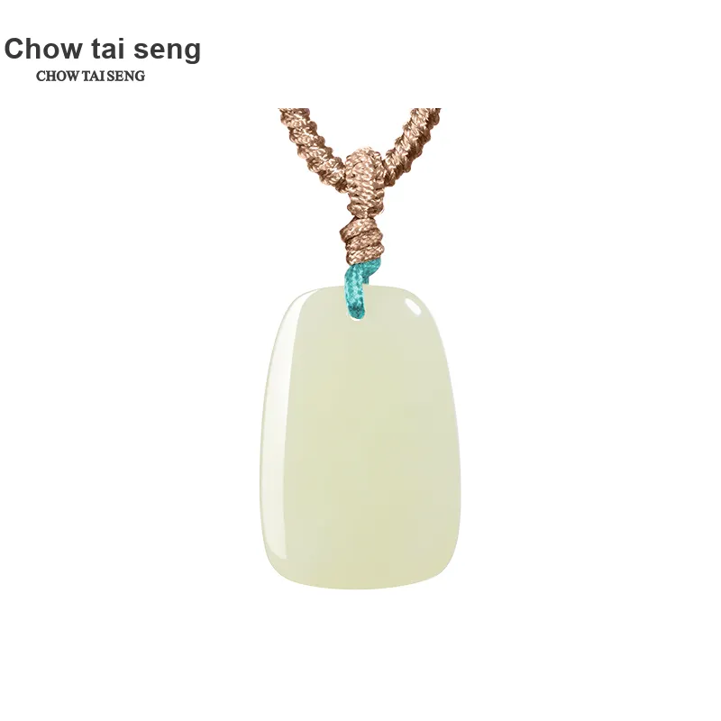 CHOW TAI SENG Hetian Jade Necklace Pendant, Everyday Travel Peaceful Versatile Style Pale Greenish White Jade Unisex-5