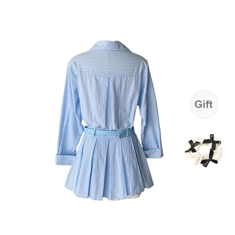 XUOIZA Long Sleeved Dress Women's Blue With Belt/Bowknot Hair Tie Comes With-1