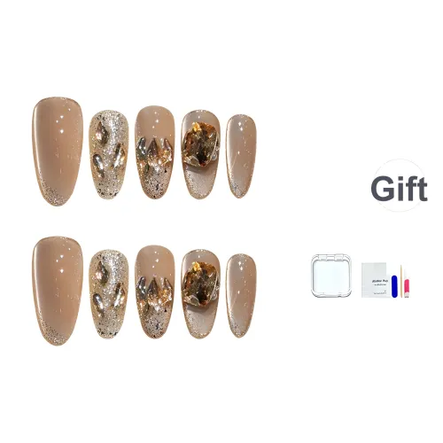 JINGCHANXUE MU Ying Кристальный Handcrafted False Nail Овал Сверкающий Телесный Кошачий глаз 14mm