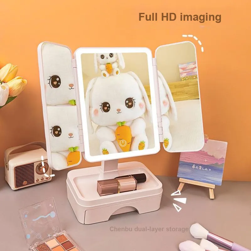 XIBI Desktop Retractable LED Makeup Mirror With Lighted Makeup Toplight Bedroom Portable Durable Storage Box-1