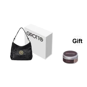 GROTTO Hobo Series Vegetable Tanned Pleated Sheepskin HOBO Bag Crossbody Handbag, Shoulder Bag, Soft Bag Unisex Black