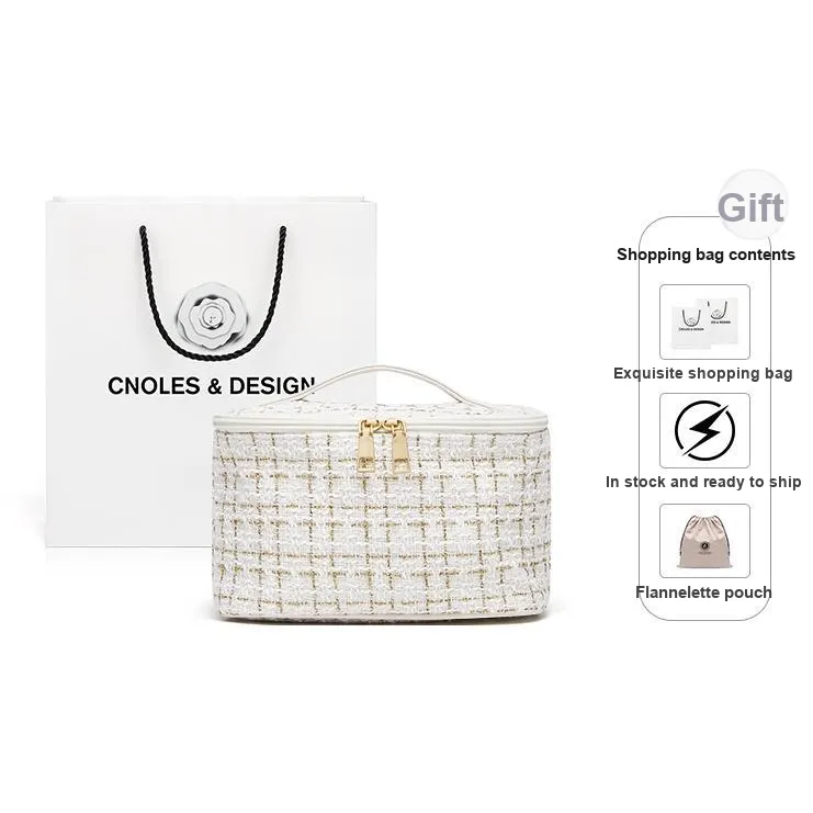 CNOLES Textile, Synthetic Leather Makeup Bag, Portable Storage Bag Regular Women's Chanel Black/Chanel White