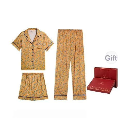 DAFENQIMIMA Желтый Маленький Цветочный Трехпредметный Набор Короткая Рубашка с Рукавами + Шорты + Брюки Женские Пижамные Комплекты