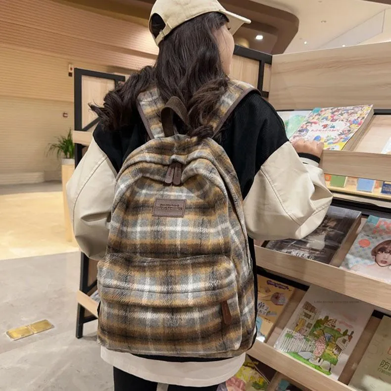 GEERDUN Felted Nylon Backpack Regular Unisex Brown/White And Yellow Plaid/Green And Yellow Plaid/Yellow And Blue Plaid-7