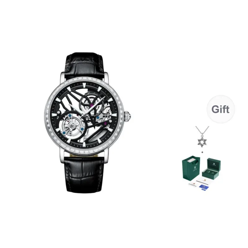 MESDUN Mechanical Movement Genuine Leather Strap Watch Men's Watches Silver Dial-5