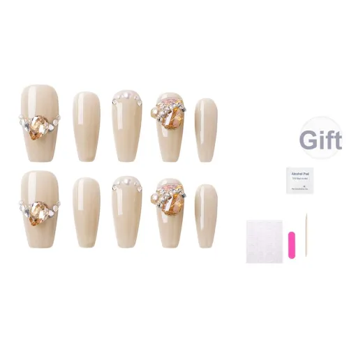 GIRLPLUS 『Bubo Молочно-чайный』Искрящийся Шампанское Стразы Декор Элегантность Наращивание Ногтей Handcrafted False Nail
