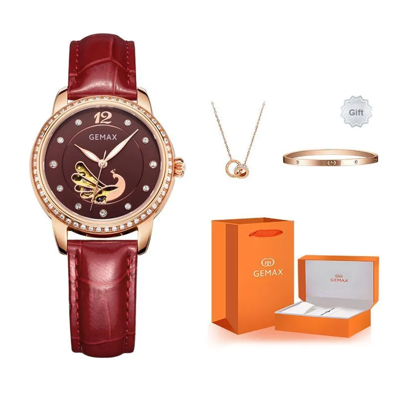 GEMAX Wrist Watch Automatic Mechanical Movement Cow Leather Strap Watch Women's Watch White Dial-9