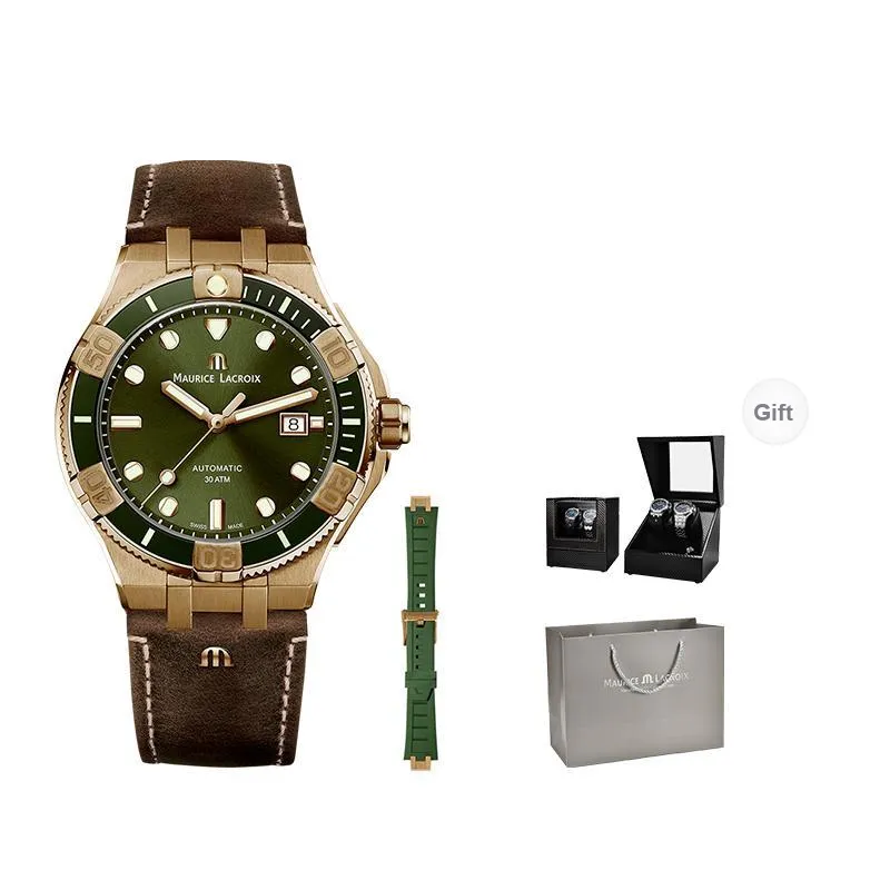MAURICE LACROIX Automatic Mechanical Movement Men's Watches Watch 43 Green Dial Copper Watch Case Cowhide Strap-0
