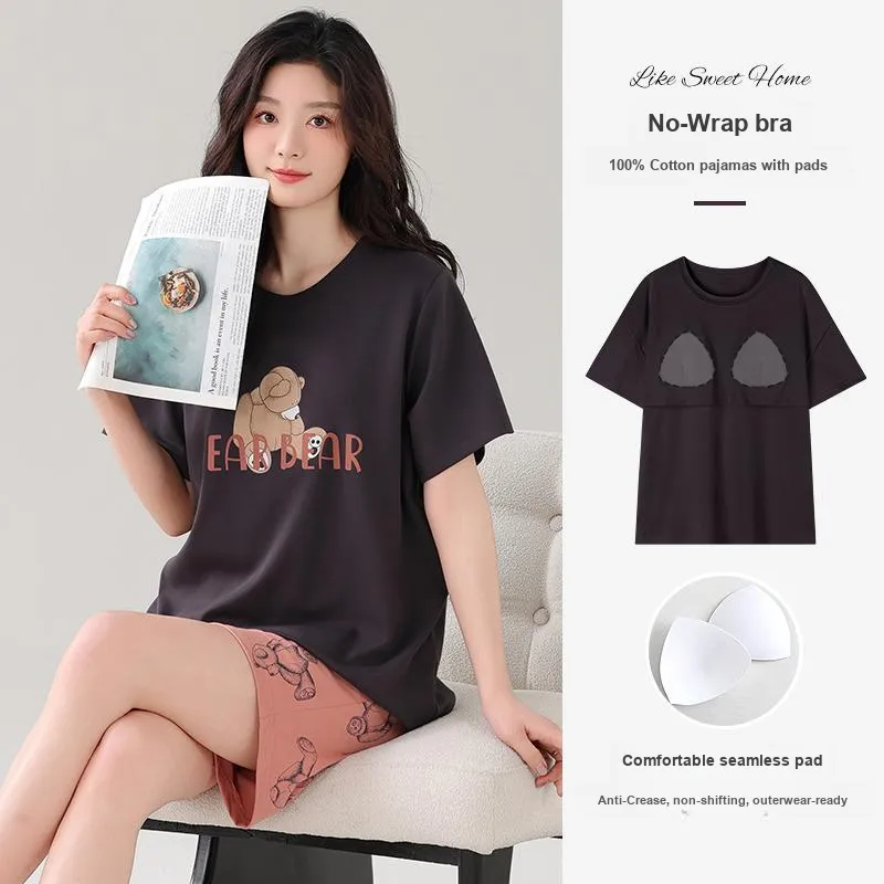 NOME Spring Summer 100% Cotton Pajamas, Short Sleeved Shorts Women's Two Piece Set-3