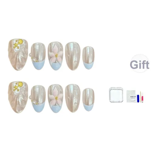 JINGCHANXUE Черника Цветочный дизайн Лето Броги False Nail Миндаль Кремово-голубой Градиентный Милый 12mm