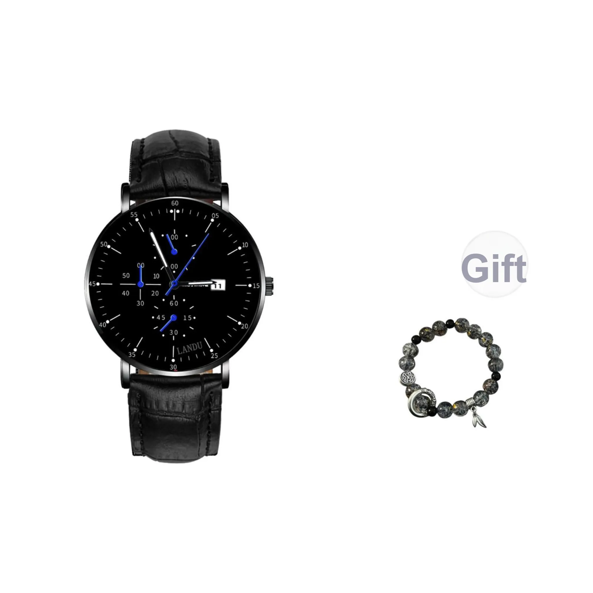 LANDU Кварцевый механизм кожаный ремешок мужские часы черный циферблат