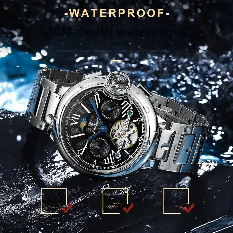 POEDAGAR Mechanical Movement Stainless Steel Watchband Men's Watches White Dial-10
