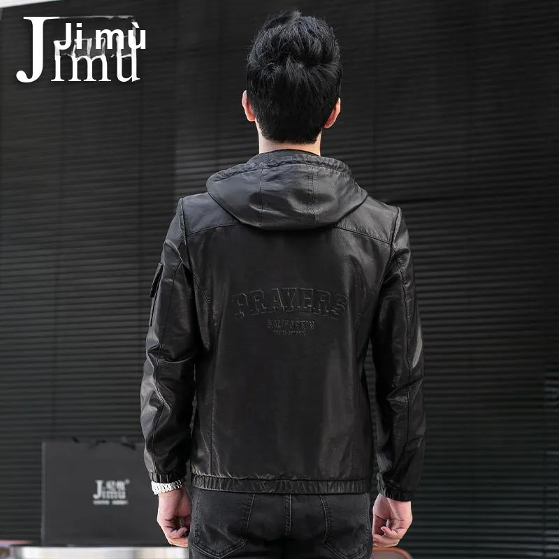 JIMU Haining Genuine Leather Jacket Men's Hooded Goatskin Jacket Slim Fit Cropped Motorcycle Jacket Trendy Coat Men's-1