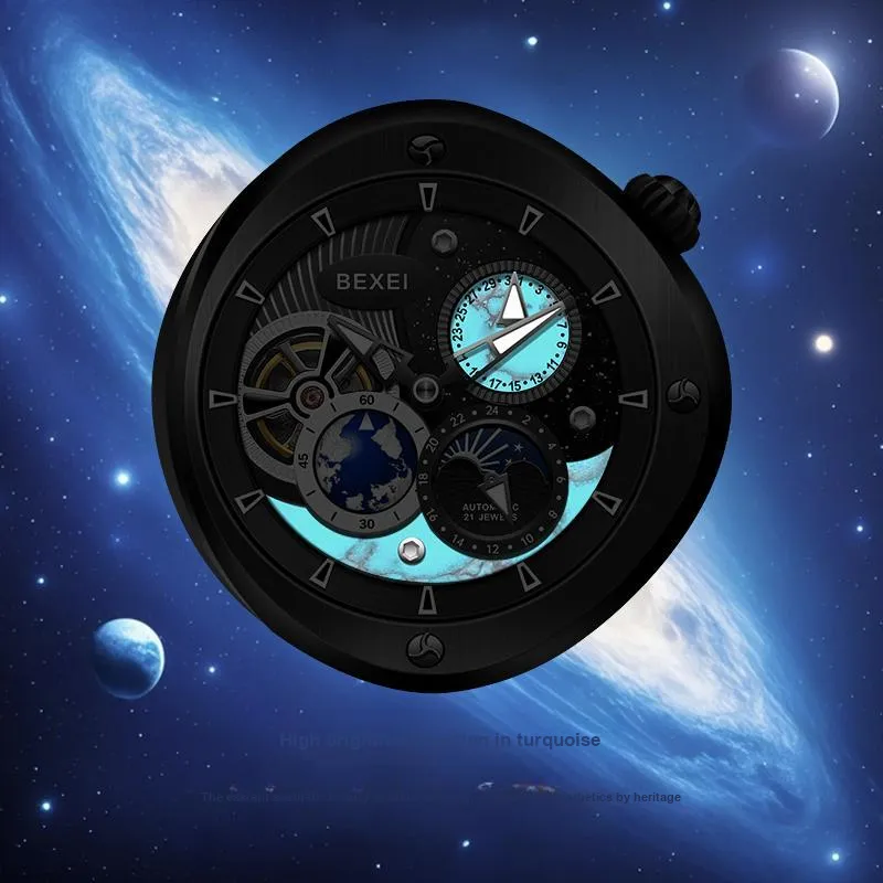 BEXEI The Wandering Earth Automatic Mechanical Movement Fluoroelastomer Strap Watch Men's Watches Black Dial-12