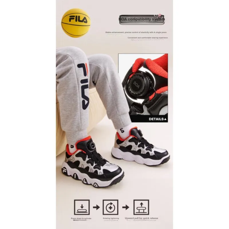 FILA KIDS Durable Breathable Low Top Children's Basketball Shoes Black Silver Teenagers-5