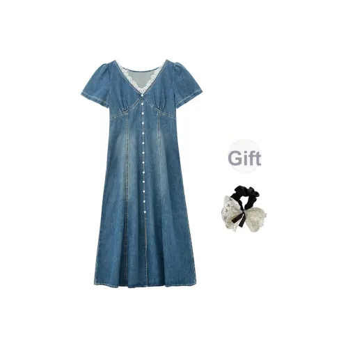 Синий + Резинка для волос С подарками Женские Короткие Платья с рукавами