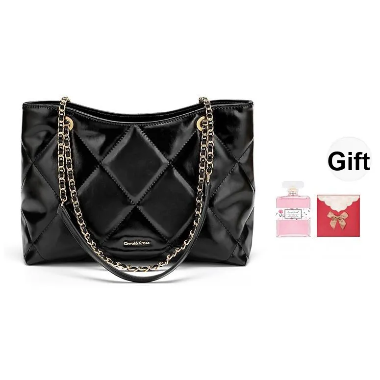 CinvaiKrose Cow Leather With Synthetic Leather Tote Crossbody Bag, Shoulder Bag Medium Size Women's Black/Ecru