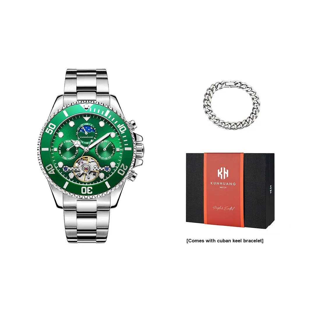 KUN HUANG Nautical Collection Механический механизм нержавеющая сталь ремешок часы для мужчин зеленый циферблат
