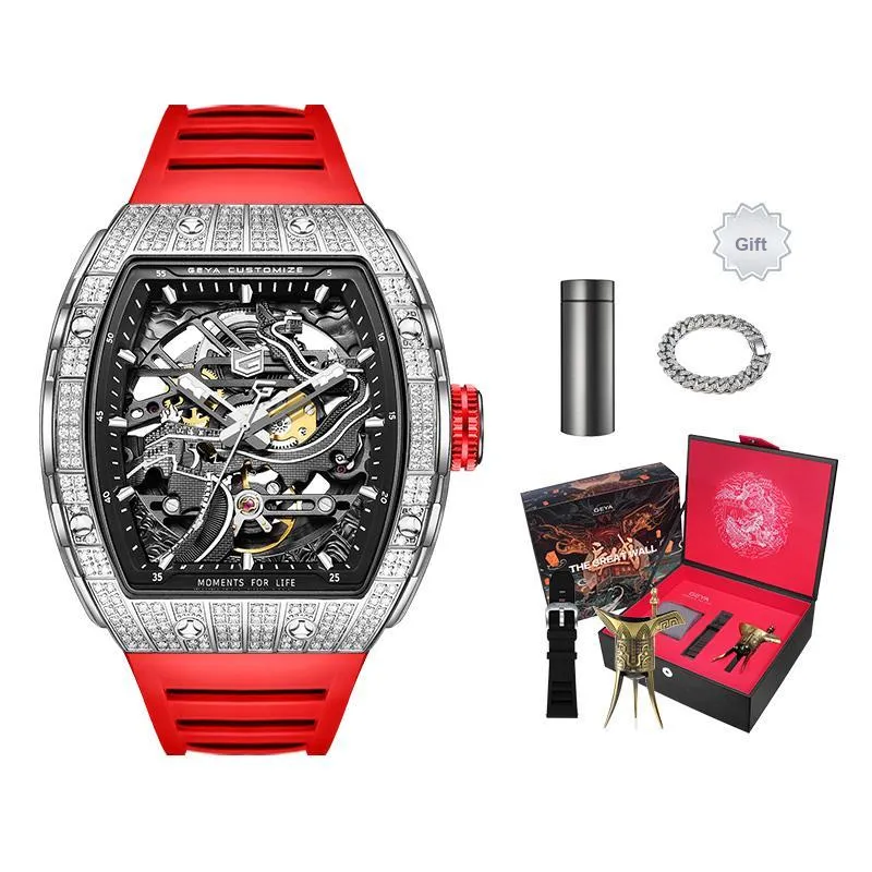 GEYA Great Wall Collection Automatic Mechanical Movement Silicone Strap Watch Unisex Cut Out Dial