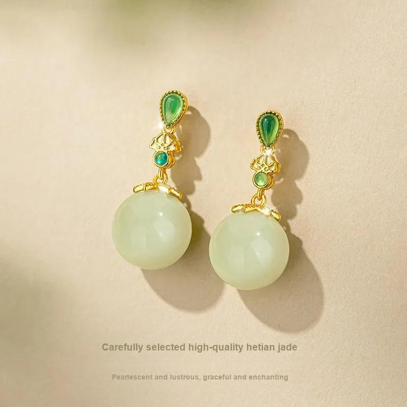 Encounter Gift Hetian Jade Earrings Pale Greenish White Jade Women's-7