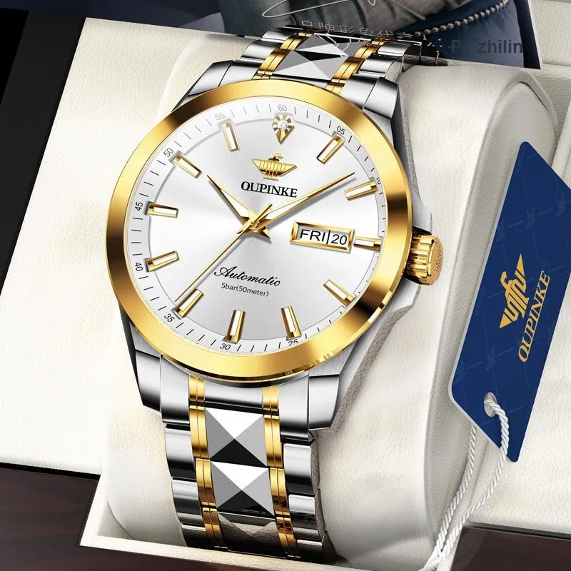 Oupinke Gaias Collection Mechanical Movement Stainless Steel Watchband Watch Men's Watches White Dial-3