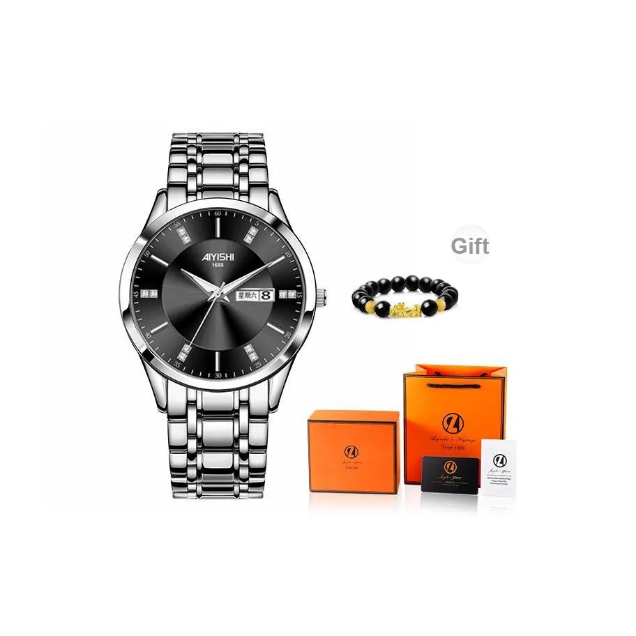 AIYISHI Наручные часы Кварцевый механизм Черный циферблат Мужские часы Мужское запястье Набор в подарочной коробке