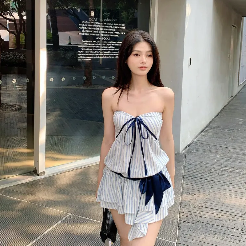 FLIM Sleeveless Dresses Women's Blue White Stripes Bear Box-2