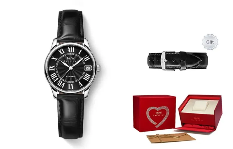 I&W CARNIVAL HWGUOJI Automatic Mechanical Movement Genuine Leather Strap Watch Unisex White Dial-5