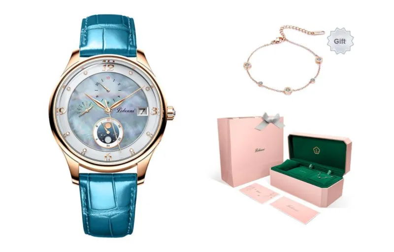 LOBINNI L Multifunction Automatic Mechanical Movement Cowhide Strap Watch Women's Watch White Dial-0
